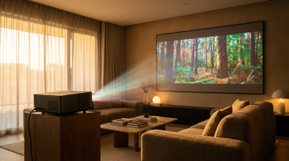 XGIMI projector setup showing immersive home entertainment with large projection screen