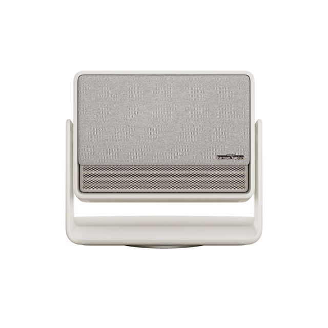 HORIZON S Max projector with light gray fabric front, beige grille, and Harman Kardon branding in a white frame.