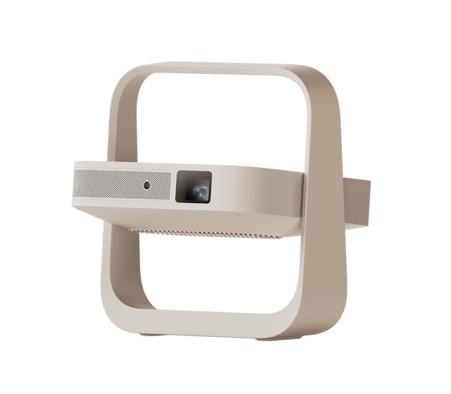 Beige Elfin Flip Plus projector in C-shaped stand, showcasing lens and speaker grill.