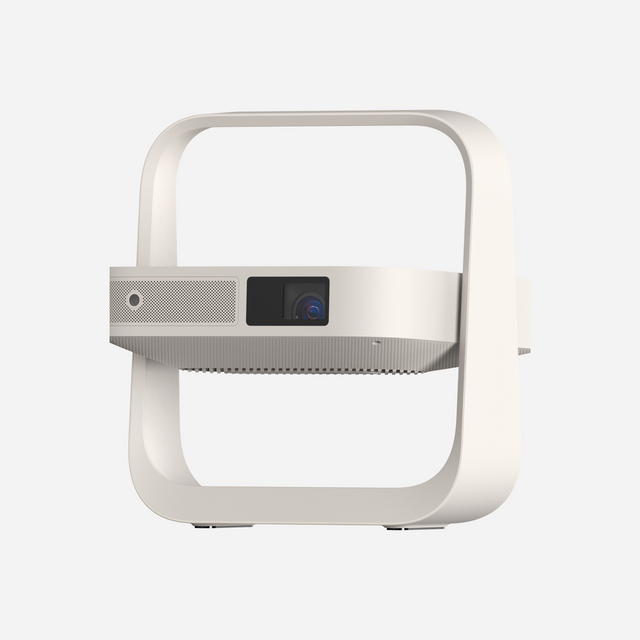 Elfin Flip portable projector in white, showcasing its unique handle, lens, and speaker grill design on a product page.