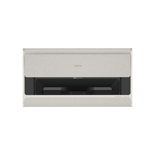 AURA 2 projector, top view, light beige fabric exterior, modern design with subtle XGIMI logo and IMAX Enhanced branding.