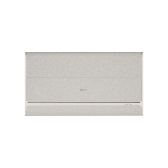 XGIMI AURA 2 projector, light beige fabric, minimalist design, XGIMI logo, harman/kardon branding.