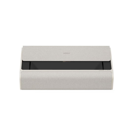 XGIMI AURA 2 projector in light beige fabric with minimalist design and black lens area, displayed for product appearance.