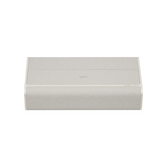 XGIMI AURA 2 projector, light beige fabric, minimalist design, black lens, IMAX Enhanced, Dolby Vision.
