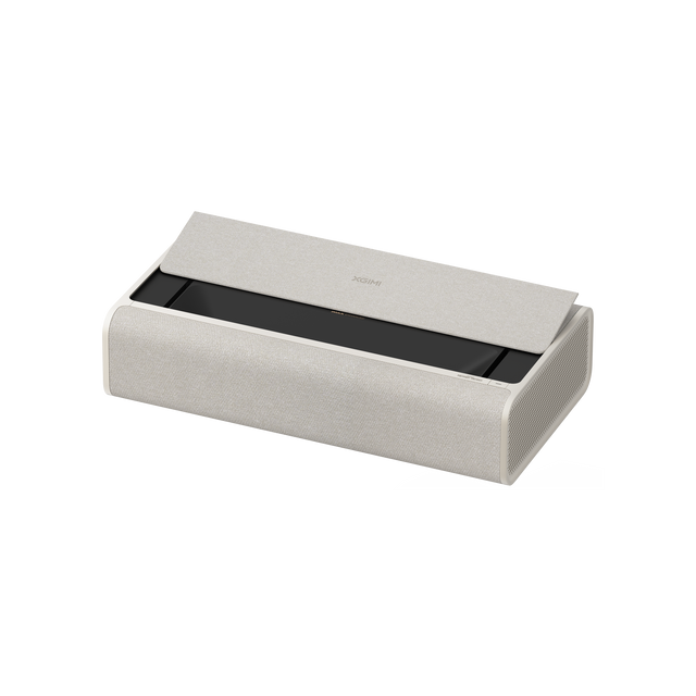 XGIMI AURA 2 home projector in beige fabric, modern design, with XGIMI and IMAX Enhanced logos.