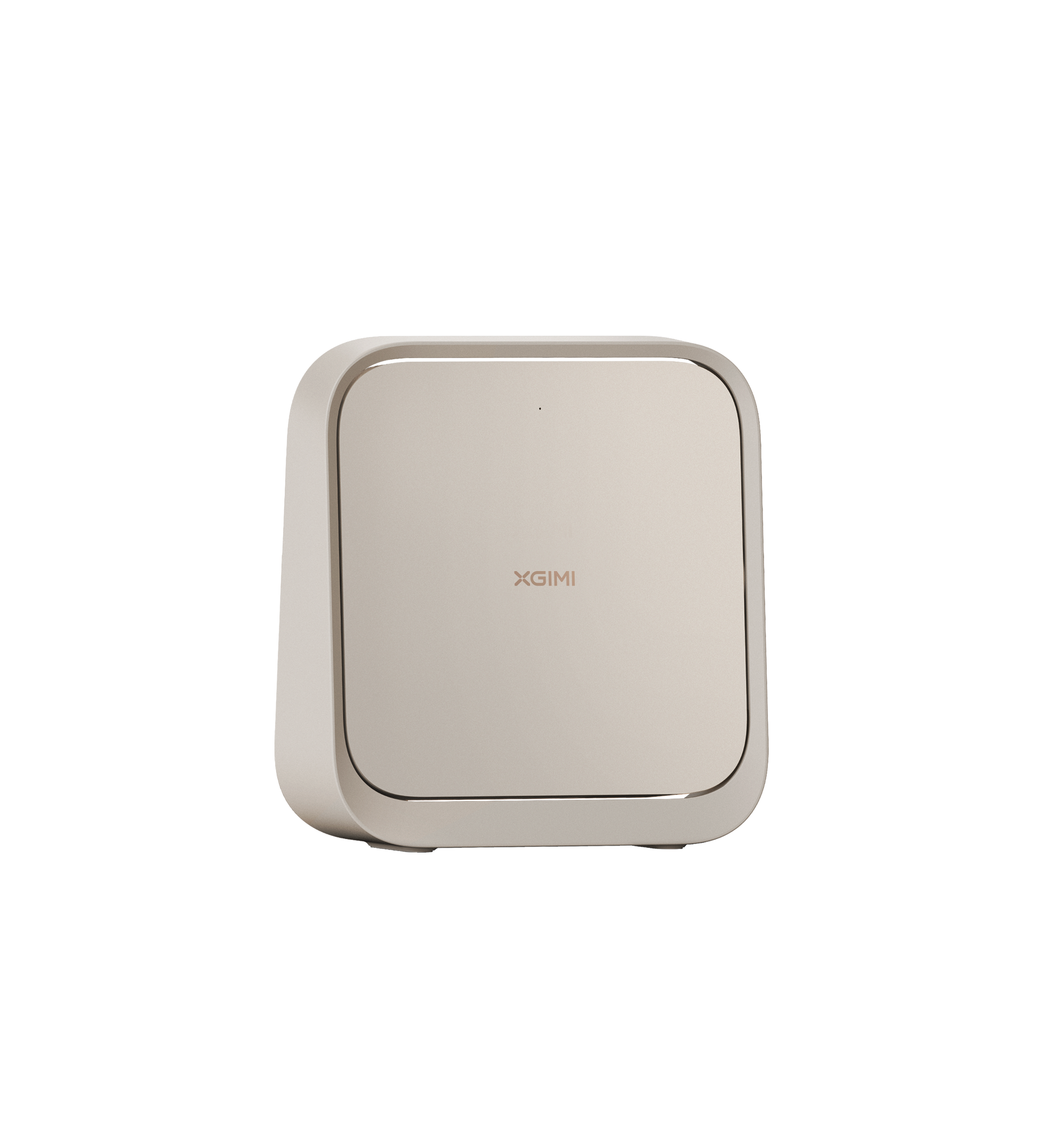 Top view of Elfin Flip Plus projector in beige with gold trim, showcasing the XGIMI logo.