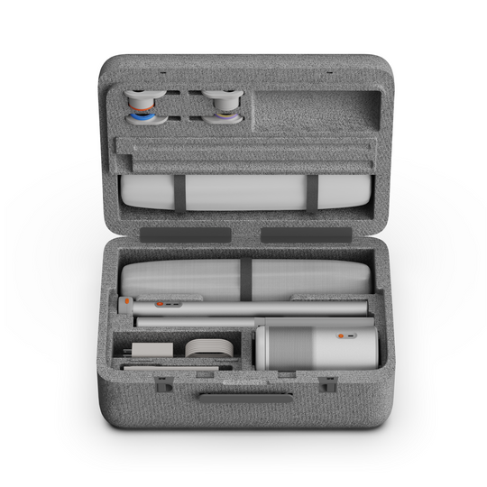 MoGo 4 Laser Outdoor Collection kit in gray carrying case showing projector, cables, and accessories.