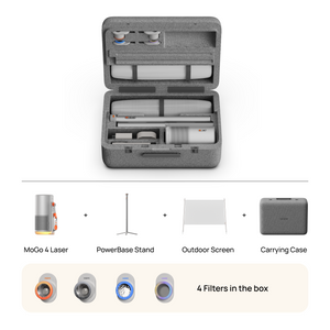 XGIMI MoGo 4 Laser Outdoor Collection consists of a portable laser projector, PowerBase Stand, outdoor screen, carrying case, and four filters.