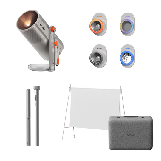 MoGo 4 Laser projector kit: projector, colorful magnetic filters, poles, screen, and case. Product photo for e-commerce.
