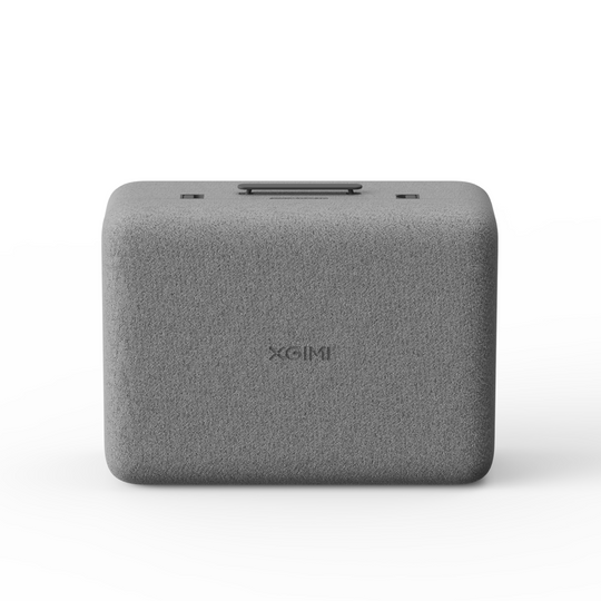 MoGo 4 Laser projector travel case, light gray, textured, with dark gray handle and XGIMI logo.