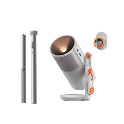 XGIMI MoGo 4 Full HD projector paired with PowerBase floor stand featuring built-in battery.