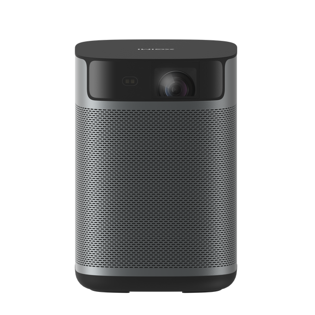 MoGo 2 Pro portable projector in dark gray with silver top featuring lens and sensors, on black base.