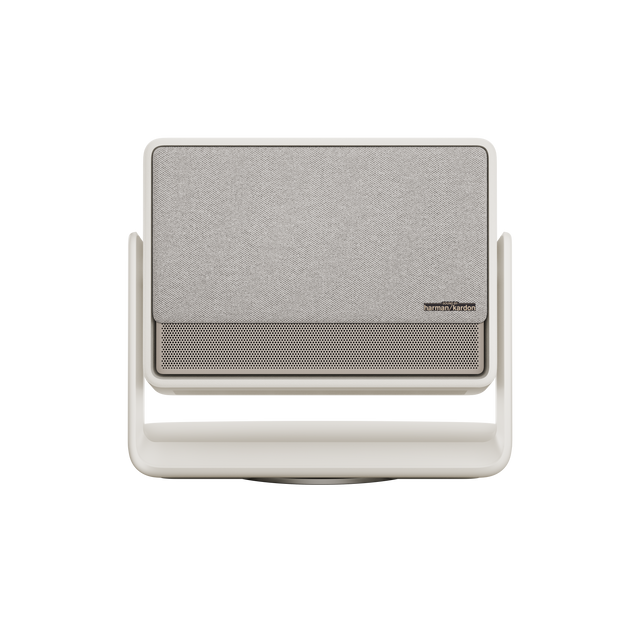 HORIZON S Pro projector with fabric front, Harman Kardon logo, mesh grille, and cream stand.