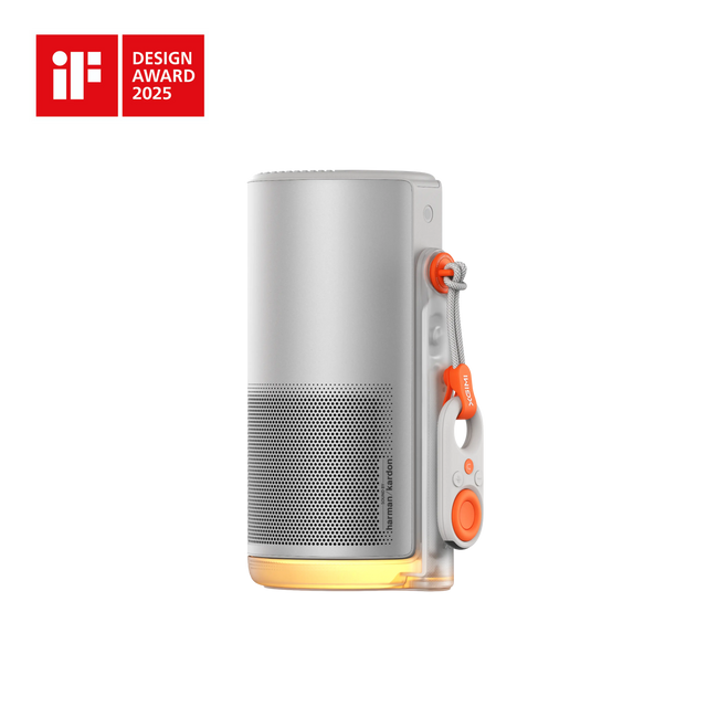 MoGo 4 portable projector: white/gray, Harman Kardon speaker, orange lanyard & remote, if DESIGN AWARD 2025 winner.