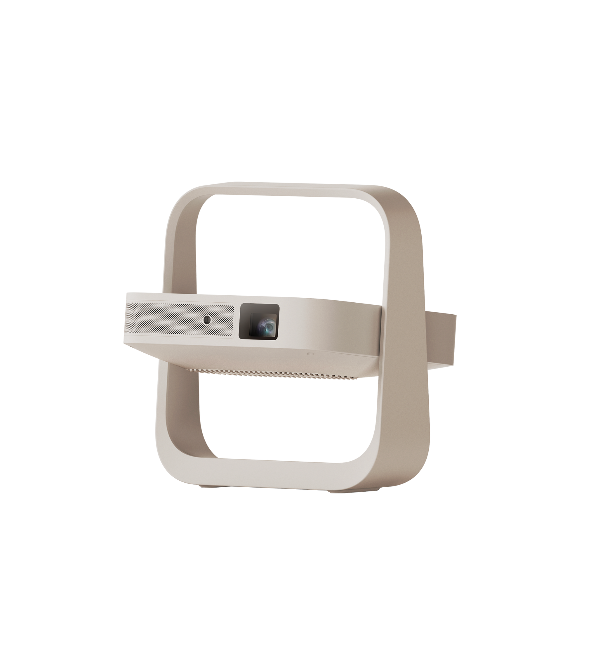 Beige Elfin Flip Plus projector with C-shaped stand, showcasing lens and speaker grill, product appearance.