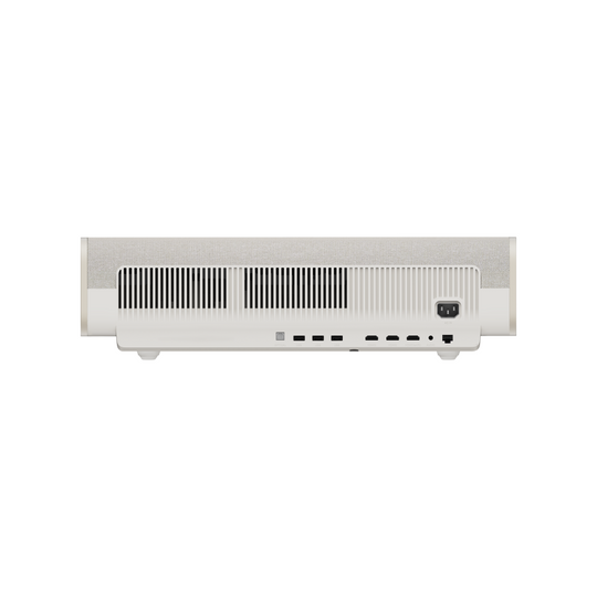 XGIMI AURA 2 projector rear view, light beige fabric, showing ports and vents for connectivity.