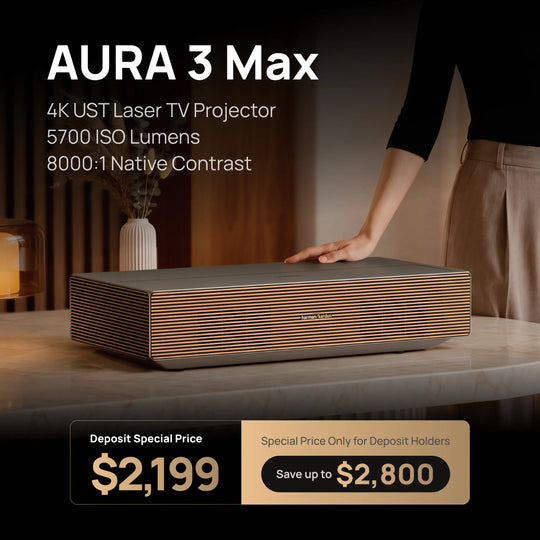 AURA 3 Max 4K UST Laser TV Projector with 5700 ISO Lumens and 8000:1 Native Contrast; Super early bird price $2,199