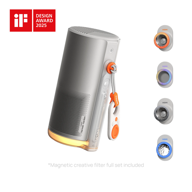 XGIMI MoGo 4 Laser projector in gray with Harman Kardon speaker, orange remote, and four interchangeable lens attachments.