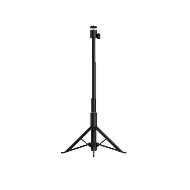 Black portable projector stand with extendable pole, three-legged base, and 360-degree rotation.