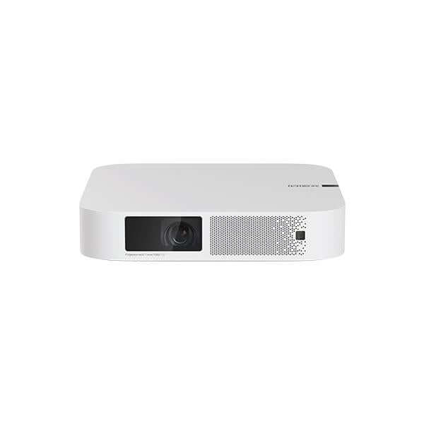 White Elfin projector with dark lens and Harman Kardon speaker grille, showcasing compact design and 1080p resolution.